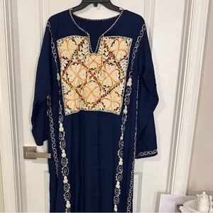 Navy Long-Sleeve Maxi Dress with Cream & Gold Embroidered Panel